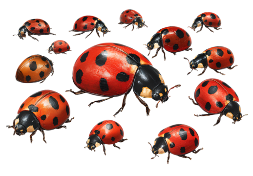  An array of ladybugs in different poses and sizes, isolated on a white background