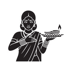 Black and White Indian Woman Holding Oil Lamp for Festival
