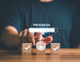 Businessman touching to tick correct mark in checklist with progressive loading status to remind work task progressive for project develop management and tracking concept. See Less