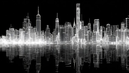 A cityscape rendered as white lines on a black background, reflecting in a water surface