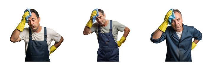 Fototapeta premium Tired cleaner png set wiping sweat from forehead