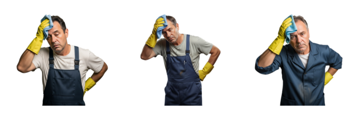 Tired cleaner png set wiping sweat from forehead

