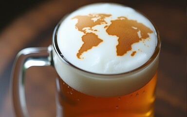 Close-up of a frothy beer mug with a global map foam design, symbolizing International Beer Day, on a wooden bar. High quality
