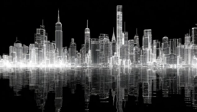 A cityscape rendered as white lines on a black background, reflecting in a water surface