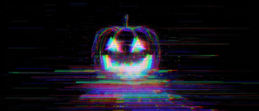 Glitchy digital pumpkin with neon colors on black background