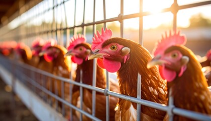Hens behind a wire fence at sunset