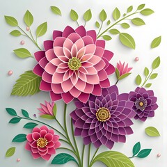 Pink and purple paper flowers with green leaves in a clean, minimal composition.