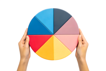 Hands holding a colorful pie chart graphic. Business concept for data visualization, statistics, and market analysis.