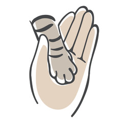Vector illustration of a human hand gently holding a cat’s striped paw. Symbol of love, trust, care, and the emotional bond between pets and their owners. Clean, minimal line style.