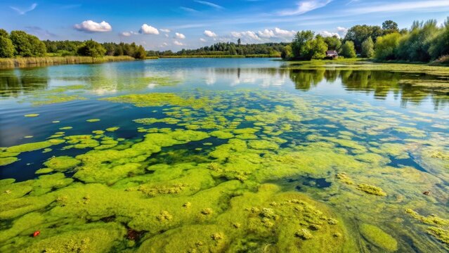 Dense greenish-brown algae bloom floating on the surface of stagnant water in a lake or pond