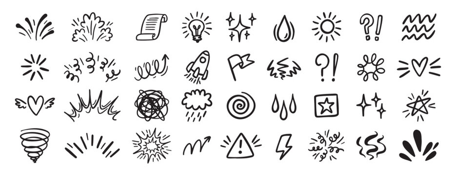 Comic effect icon set, manga doodle elements collection. Retro anime movement, exclamation and emphasis expressions. Doodle emotion of character in comic style