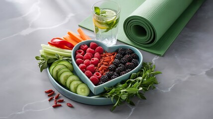 Healthy food and yoga mat for a balanced lifestyle