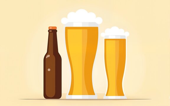 beer glasses and bottle with foam in flat design illustration. High quality