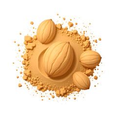 Almonds on ground almond powder on a transparent background  