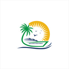 Travel agency logo with ship sea and plam tree