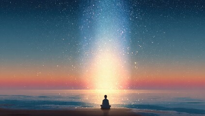 Silhouetted figure sits on beach, cosmic light