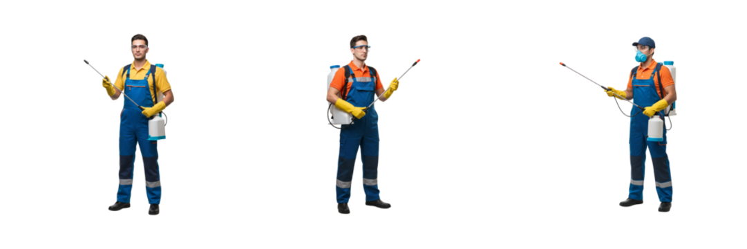 Sanitation worker spray action png sets isolated white

