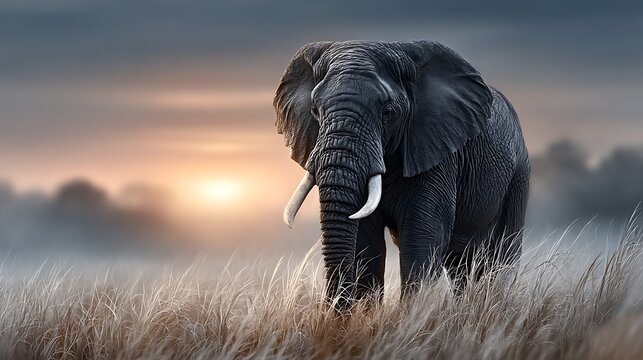An elephanta??s silhouette outlined by the setting sun as it grazes calmly on dry grass in an open field.