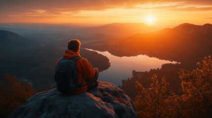 a solo traveler sitting on a rock, gazing at a panoramic sunset view from a high viewpoint