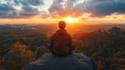 Obraz premium a solo traveler sitting on a rock, gazing at a panoramic sunset view from a high viewpoint