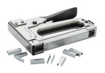 A heavyduty staple gun and staples isolated on transparent background