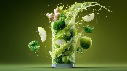A glass filled with green juice and vegetables