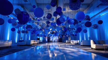Enchanted Blue Ballroom: A Celebration Under a Sky of Balloons