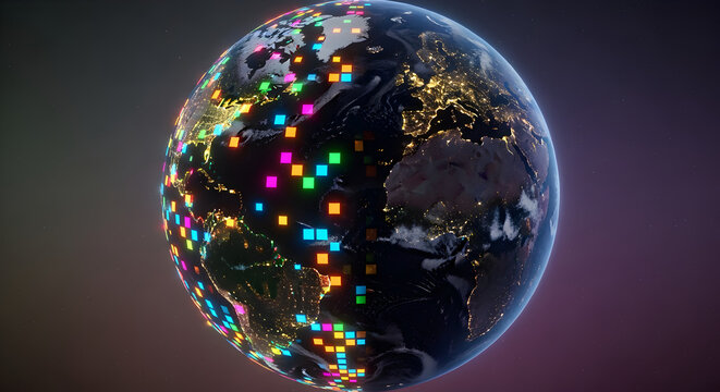 Pixelated Earth Depicting Global Connectivity with Colorful Lights and Detailed Textures on Continents Against a Dark