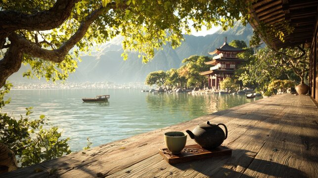 Tranquil lakeside tea ceremony - Powered by Adobe