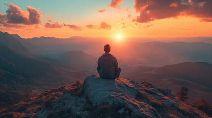 Obraz premium a solo traveler sitting on a rock, gazing at a panoramic sunset view from a high viewpoint
