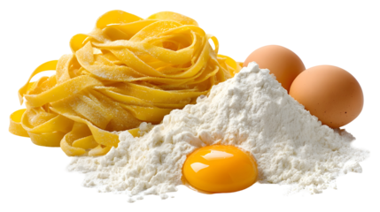 Fresh tagliatelle pasta ingredients egg flour isolated on transparent background