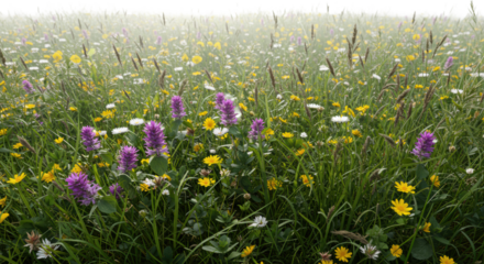 Lush meadow of vibrant purple, yellow, white wildflowers and green grasses, with a soft-focus bright white background, sharp foreground. Concept of ecological health and innovation