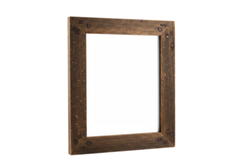 Rectangular rustic wooden frame, weathered dark brown, distinct wood grain, visible rusty nails, bright white copy space, centered on transparent studio background. Concept of customizable template