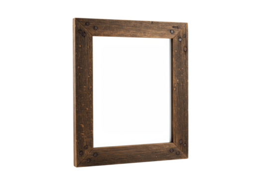Rectangular rustic wooden frame, weathered dark brown, distinct wood grain, visible rusty nails, bright white copy space, centered on transparent studio background. Concept of customizable template