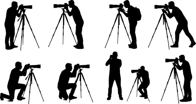 Silhouettes of photographers in various poses with professional cameras and tripods - Powered by Adobe