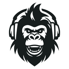 Fierce gorilla logo wearing headphones. Bold and modern mascot perfect for music, podcast, DJ, esports, or urban brand identities. Represents power, sound, and attitude.