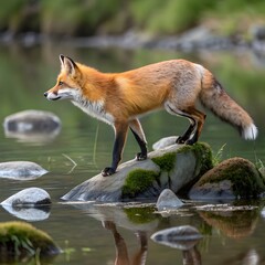 Fototapeta premium Beautiful red fox standing on a few stones over the water surface. Very focused on its prey. Pure natural wildlife photo. Ready to hunt.