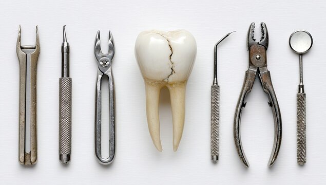 Vintage dental tools and a cracked tooth