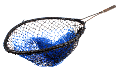 Fishing net with black and blue mesh, metal handle, white background