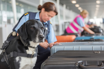 Security dog sniffing luggage near passport control area, performing inspection for contraband, drugs, or explosives. Airport security, customs and border safety measures during international travel.