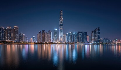 Fototapeta premium City skyline at night, reflected in water