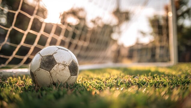Worn soccer ball near a goal