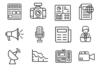 Various media icons including camera, microphone, and newspaper  
