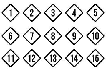Number bullet point design element set. List numbers for infographics. Set of 1-15 numbers simple black symbol sign for apps, UI, and website. Outlined Number Icons 1-15 in Diamond Shape .