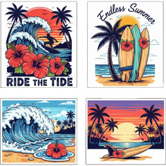 Bold tropical surf graphic set with palm silhouettes, crashing waves, hibiscus flowers, surfboards, and sunset backdrops. Includes beachy quotes like Ride the Tide and Endless Summer.