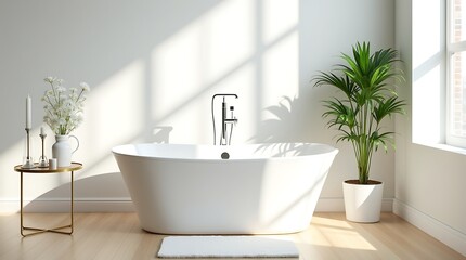 Serene modern bathroom with freestanding bathtub bathed in warm natural sunlight streaming through a window
