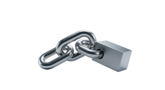 Two perfectly interlocked, abstract metallic forms, a polished silver link and brushed aluminum block, in a high-key white studio with soft reflections. Concept of digital security