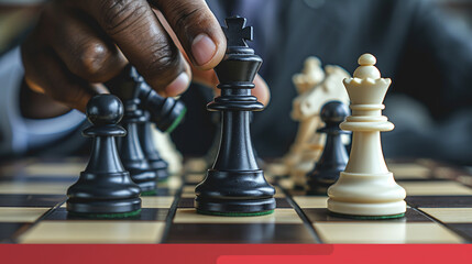 A hand moves a black chess king on a chessboard.