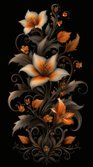 Elegant orange lilies with swirling leaves and floral embellishments on black background, detailed botanical illustration