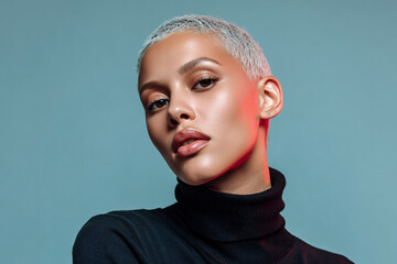 Platinum Buzzcut Model in Black Turtleneck on Gray Background for AI Branding